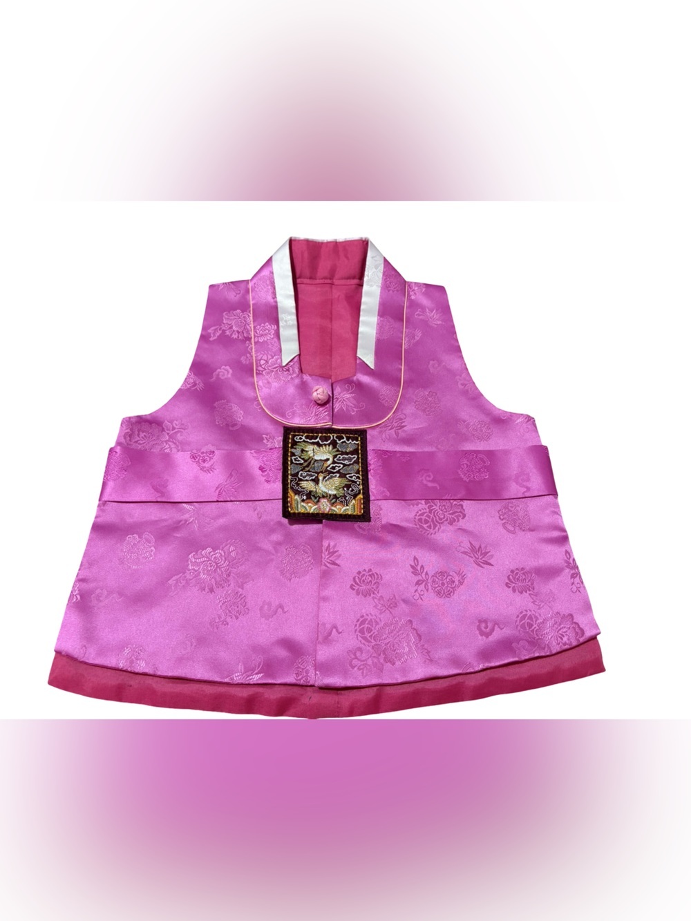 Traditional Korean Hanbok Vest Top Pink Brocade Crane Embroidery Child Size